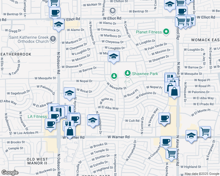 map of restaurants, bars, coffee shops, grocery stores, and more near 2405 North Longmore Street in Chandler