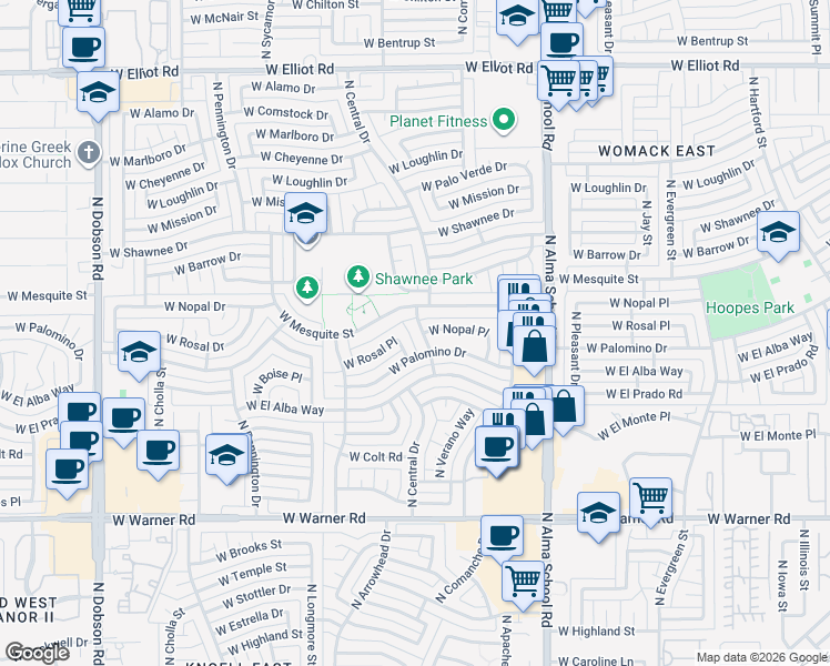 map of restaurants, bars, coffee shops, grocery stores, and more near 2360 North Central Drive in Chandler