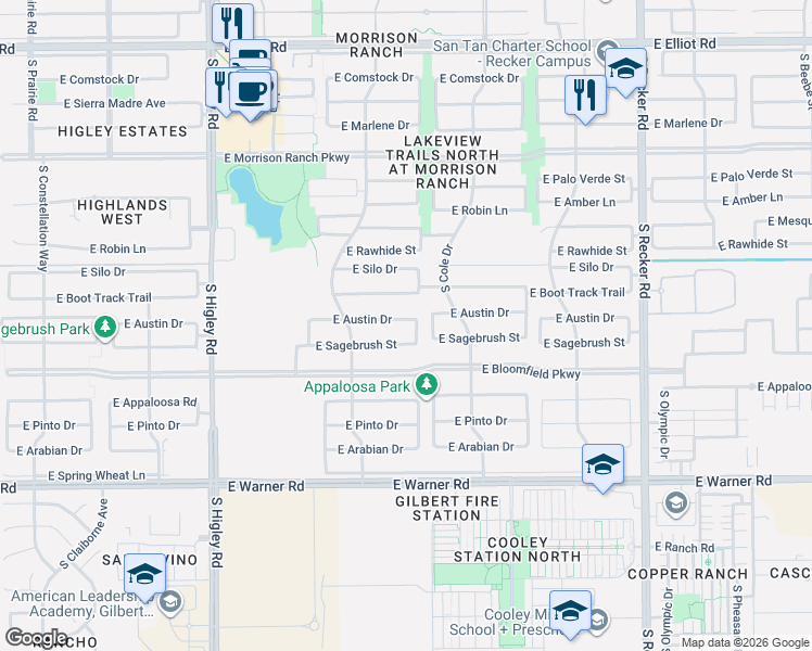 map of restaurants, bars, coffee shops, grocery stores, and more near 3534 East Sagebrush Street in Gilbert