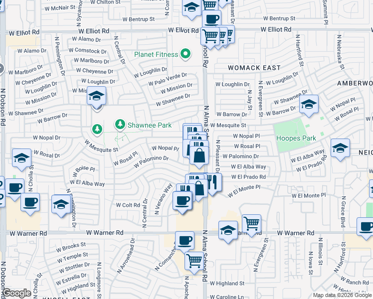 map of restaurants, bars, coffee shops, grocery stores, and more near 1094 West Nopal Place in Chandler