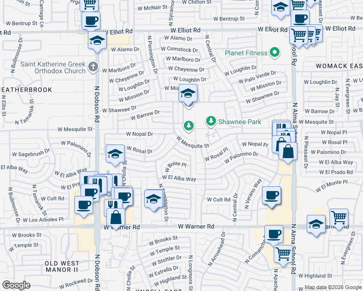 map of restaurants, bars, coffee shops, grocery stores, and more near 2405 North Longmore Street in Chandler