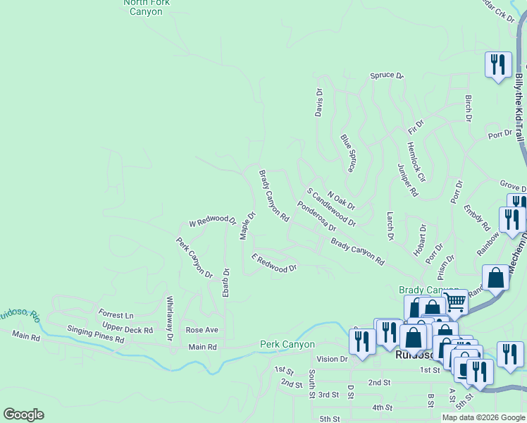 map of restaurants, bars, coffee shops, grocery stores, and more near 300-392 Brady Canyon Rd in Ruidoso