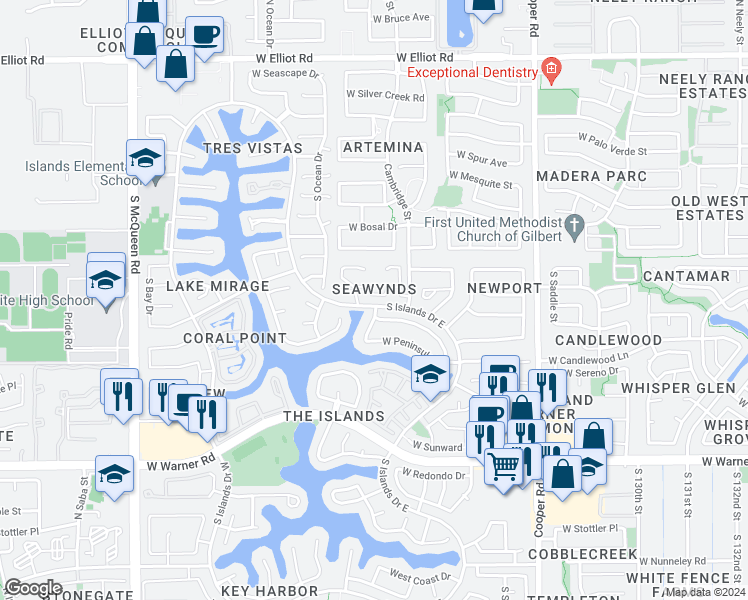 map of restaurants, bars, coffee shops, grocery stores, and more near 1101 West Sandy Banks in Gilbert