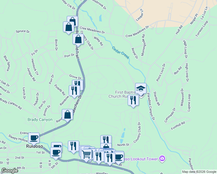 map of restaurants, bars, coffee shops, grocery stores, and more near 141-299 East Rainbow Drive in Ruidoso