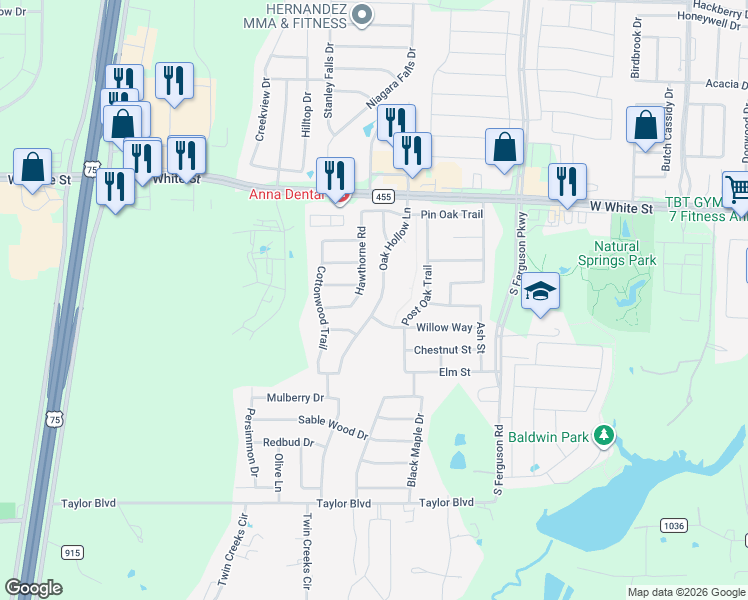 map of restaurants, bars, coffee shops, grocery stores, and more near 1201 Oak Hollow Lane in Anna