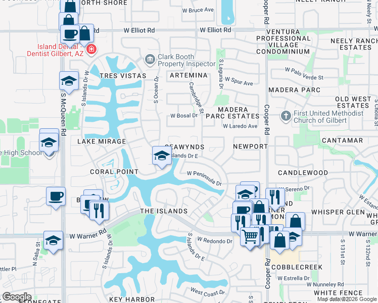 map of restaurants, bars, coffee shops, grocery stores, and more near 1134 West Newport Beach Drive in Gilbert