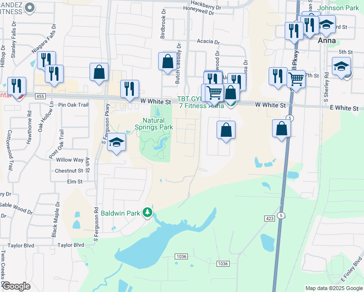map of restaurants, bars, coffee shops, grocery stores, and more near 1020 Ethan Circle in Anna