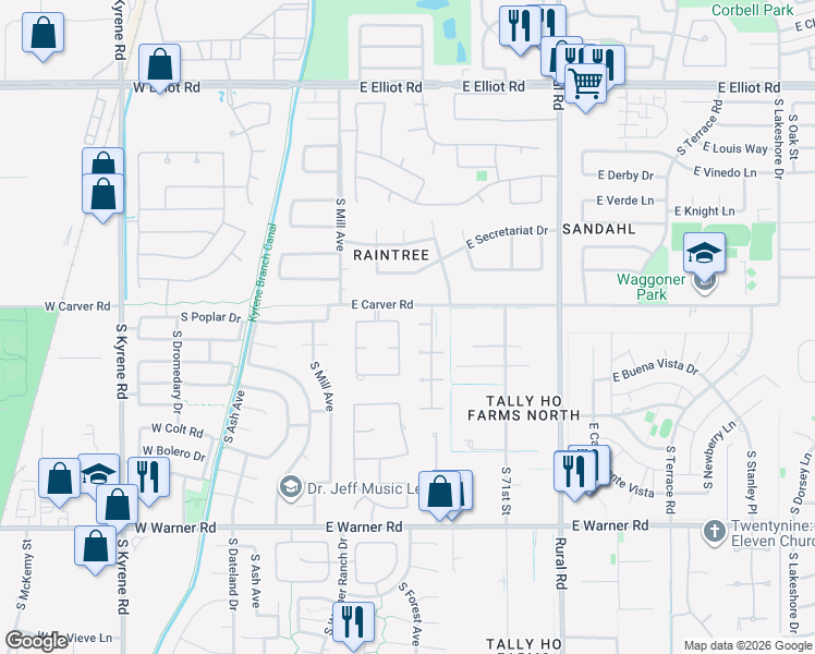 map of restaurants, bars, coffee shops, grocery stores, and more near 8264 South Pecan Grove Circle in Tempe