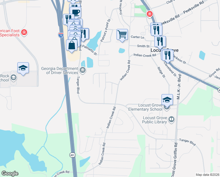 map of restaurants, bars, coffee shops, grocery stores, and more near 201 Polo Lane in Locust Grove