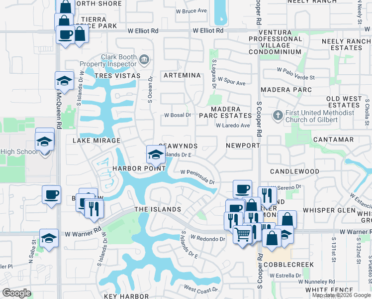 map of restaurants, bars, coffee shops, grocery stores, and more near 502 South Sunrise Drive in Gilbert