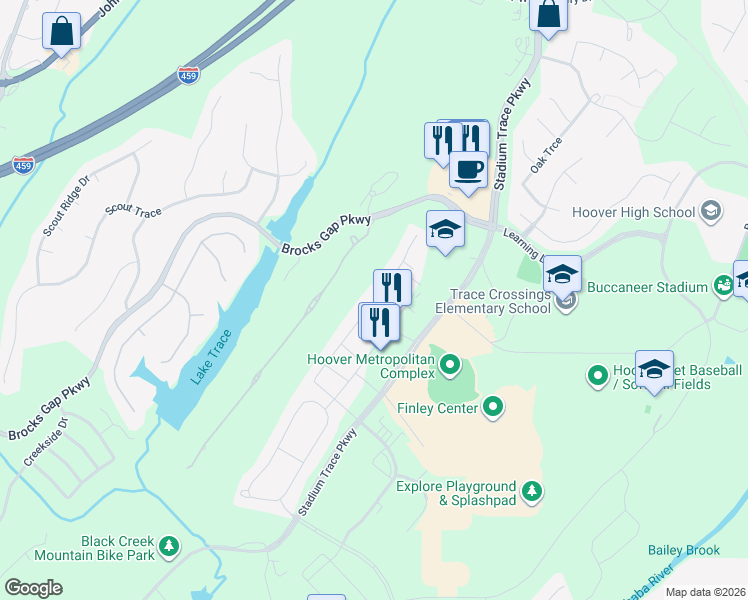 map of restaurants, bars, coffee shops, grocery stores, and more near 5644 Chestnut Trace in Hoover