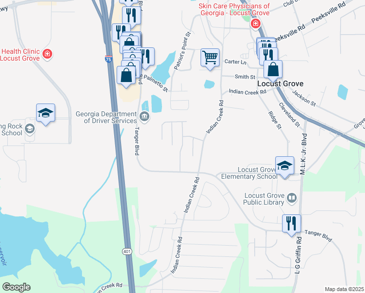 map of restaurants, bars, coffee shops, grocery stores, and more near 328 Clover Brook Drive in Locust Grove
