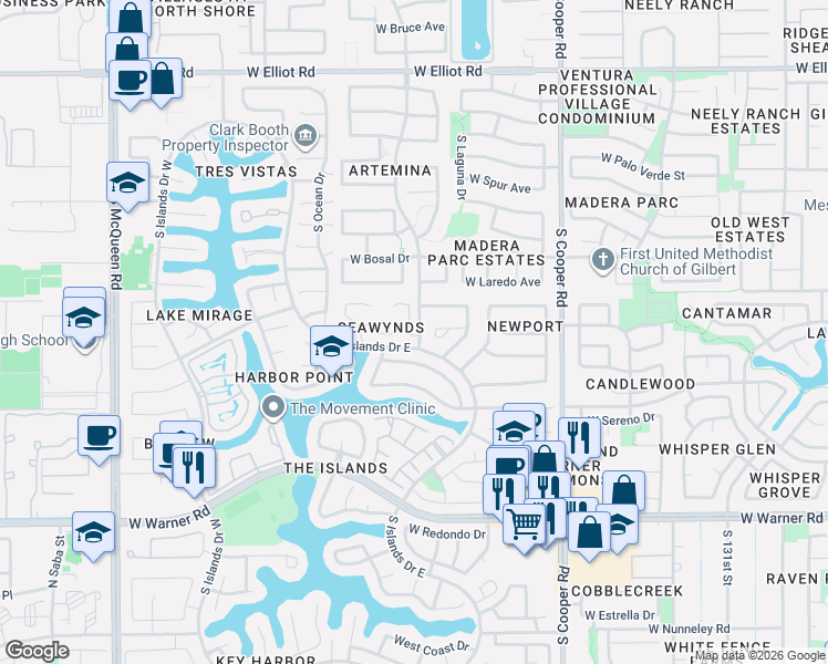map of restaurants, bars, coffee shops, grocery stores, and more near 502 South Sunrise Drive in Gilbert