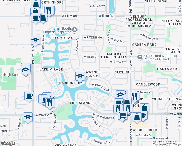 map of restaurants, bars, coffee shops, grocery stores, and more near 421 South Seawynds Boulevard in Gilbert