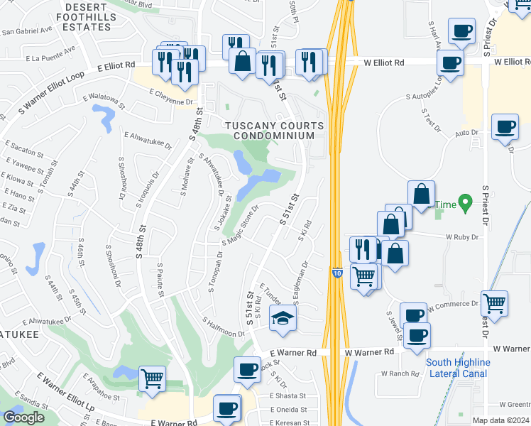 map of restaurants, bars, coffee shops, grocery stores, and more near 5020 East Morningstar Drive in Phoenix
