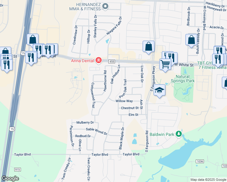 map of restaurants, bars, coffee shops, grocery stores, and more near 1009 Oak Hollow Lane in Anna