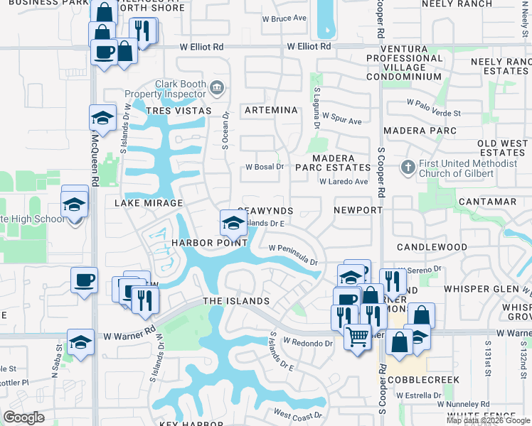 map of restaurants, bars, coffee shops, grocery stores, and more near 421 South Seawynds Boulevard in Gilbert
