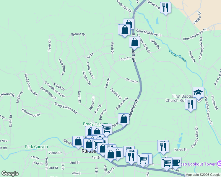 map of restaurants, bars, coffee shops, grocery stores, and more near 101-199 Embdy Road in Ruidoso