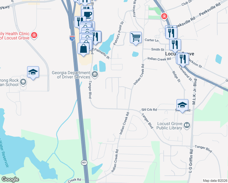 map of restaurants, bars, coffee shops, grocery stores, and more near 434 Buckboard Lane in Locust Grove
