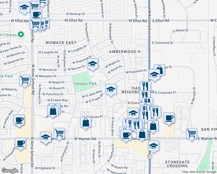 map of restaurants, bars, coffee shops, grocery stores, and more near 318 West El Alba Way in Chandler