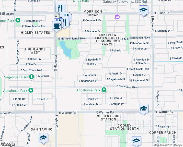 map of restaurants, bars, coffee shops, grocery stores, and more near 3465 East Boot Track Trail in Gilbert