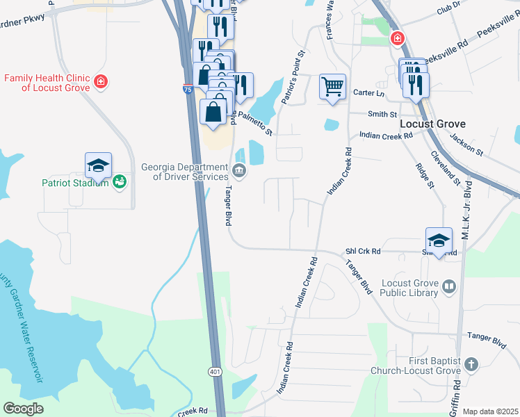 map of restaurants, bars, coffee shops, grocery stores, and more near 568 Hansen Drive in Locust Grove