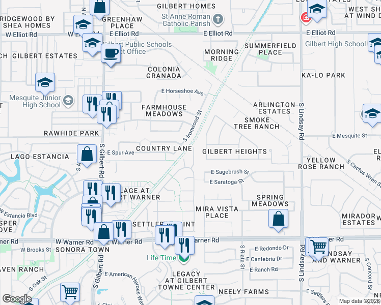 map of restaurants, bars, coffee shops, grocery stores, and more near 441 South Ironwood Street in Gilbert