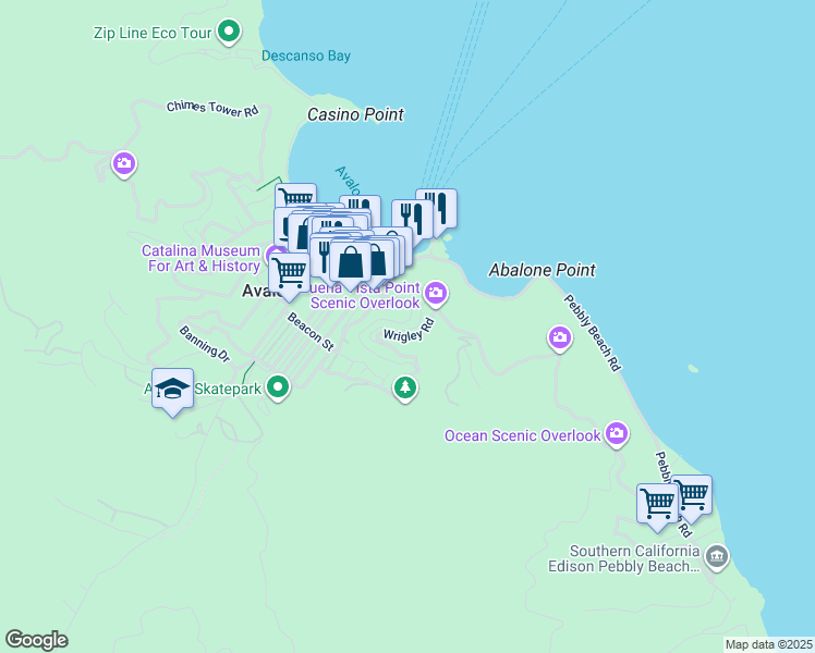 map of restaurants, bars, coffee shops, grocery stores, and more near 123 Upper Terrace Road in Avalon