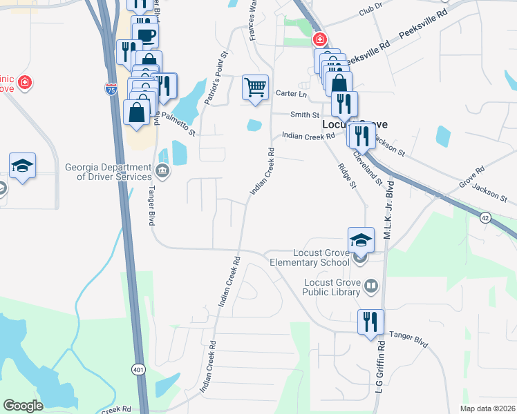 map of restaurants, bars, coffee shops, grocery stores, and more near 279 Indian Creek Road in Locust Grove
