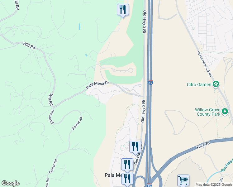 map of restaurants, bars, coffee shops, grocery stores, and more near 2836 Mesa Grove Road in Fallbrook