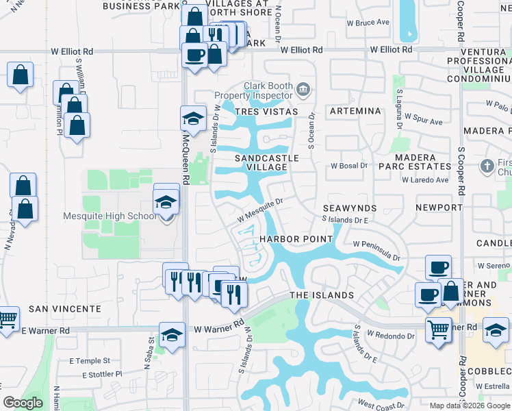 map of restaurants, bars, coffee shops, grocery stores, and more near 1414 West Lake Mirage Court in Gilbert