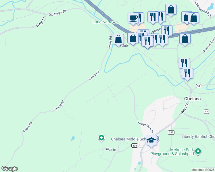 map of restaurants, bars, coffee shops, grocery stores, and more near 224 Sassafrass Circle in Chelsea