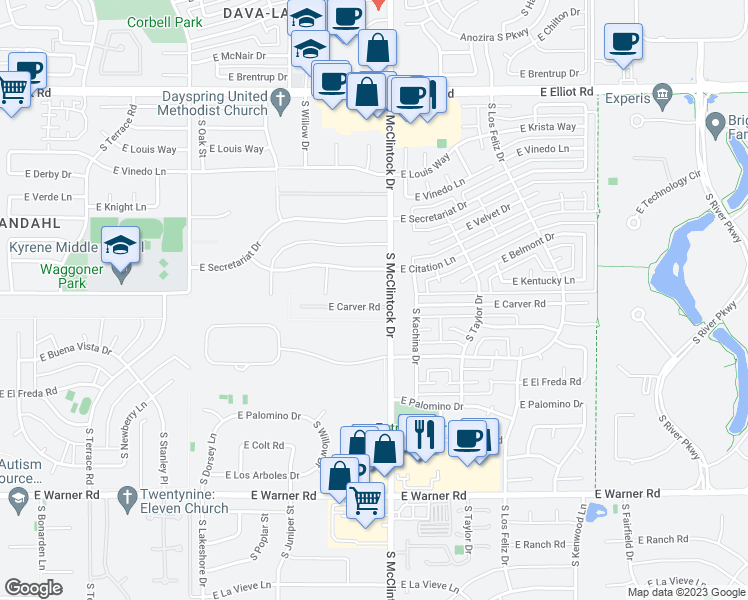 map of restaurants, bars, coffee shops, grocery stores, and more near 1782 East Carver Road in Tempe