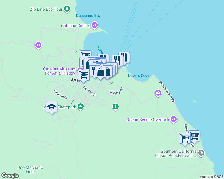 map of restaurants, bars, coffee shops, grocery stores, and more near 162 Middle Terrace Road in Avalon