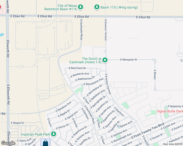 map of restaurants, bars, coffee shops, grocery stores, and more near 9841 East Red Giant Drive in Mesa