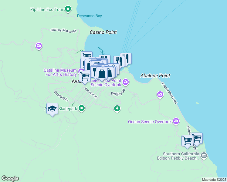 map of restaurants, bars, coffee shops, grocery stores, and more near 133 Upper Terrace Road in Avalon