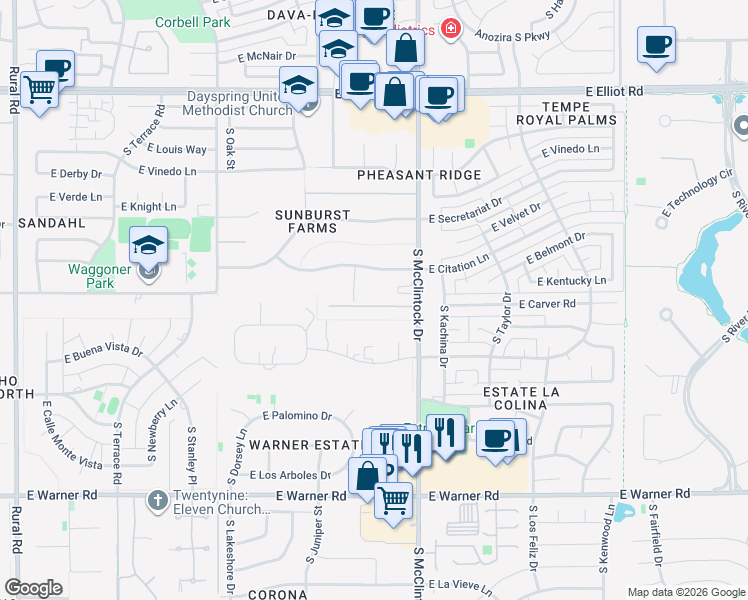 map of restaurants, bars, coffee shops, grocery stores, and more near 1746 East Carver Road in Tempe