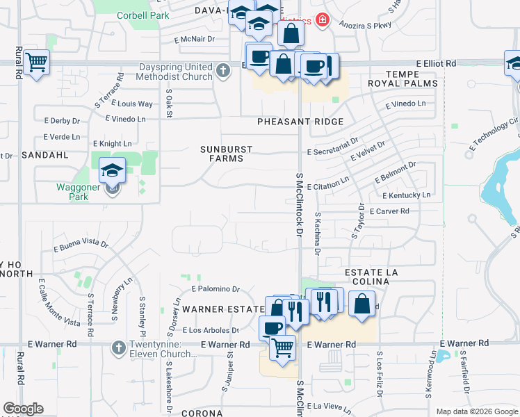 map of restaurants, bars, coffee shops, grocery stores, and more near 1746 East Carver Road in Tempe