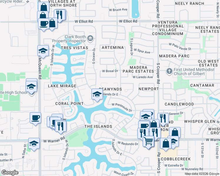 map of restaurants, bars, coffee shops, grocery stores, and more near 421 South Seawynds Boulevard in Gilbert
