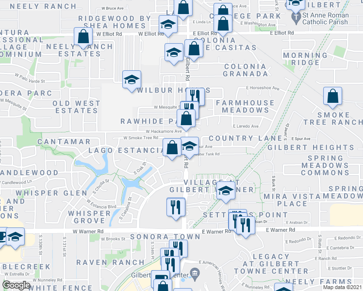 map of restaurants, bars, coffee shops, grocery stores, and more near 434 South Gilbert Road in Gilbert
