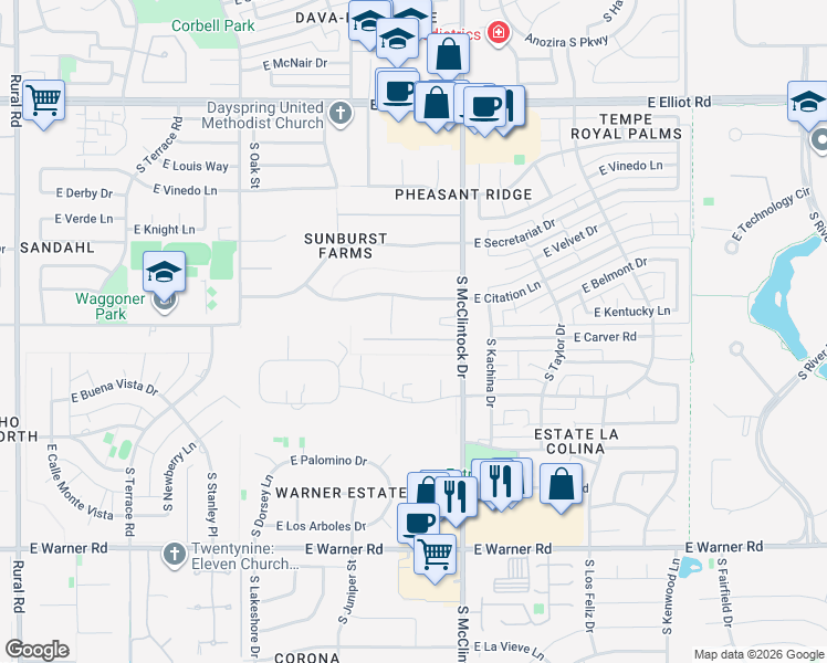 map of restaurants, bars, coffee shops, grocery stores, and more near 1746 East Carver Road in Tempe