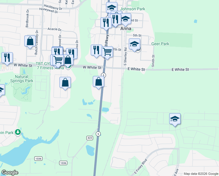 map of restaurants, bars, coffee shops, grocery stores, and more near 916 South Interurban Street in Anna