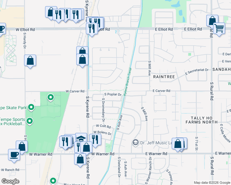 map of restaurants, bars, coffee shops, grocery stores, and more near 272 West Buena Vista Drive in Tempe