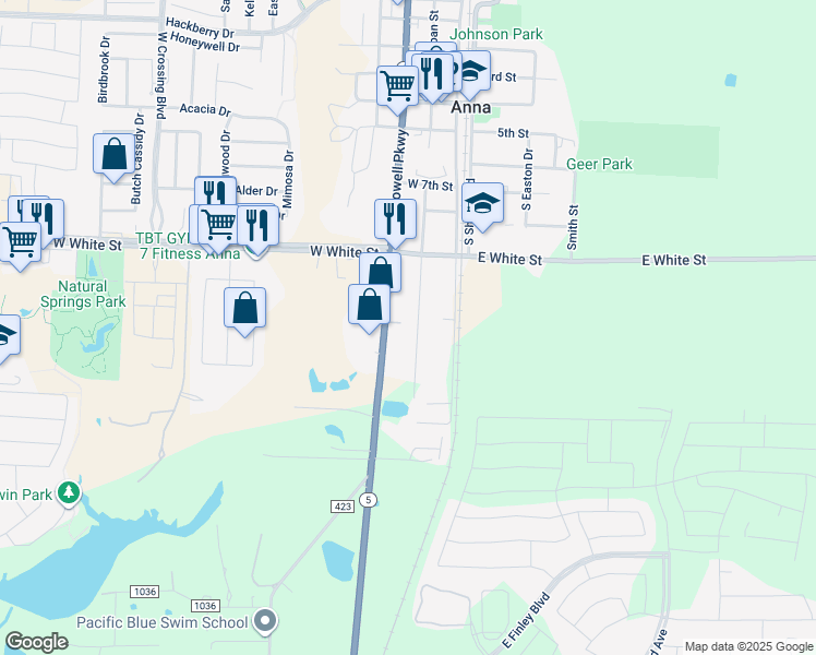 map of restaurants, bars, coffee shops, grocery stores, and more near 916 South Interurban Street in Anna