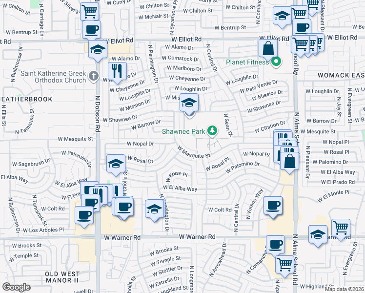 map of restaurants, bars, coffee shops, grocery stores, and more near 1510 West Mesquite Street in Chandler