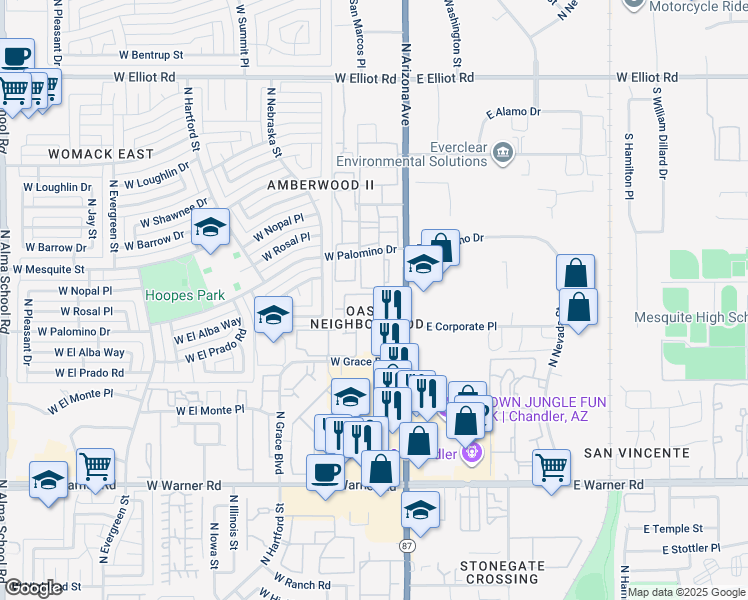 map of restaurants, bars, coffee shops, grocery stores, and more near 2400 North Arizona Avenue in Chandler