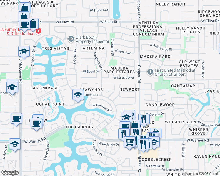 map of restaurants, bars, coffee shops, grocery stores, and more near 1002 West Calypso Court in Gilbert