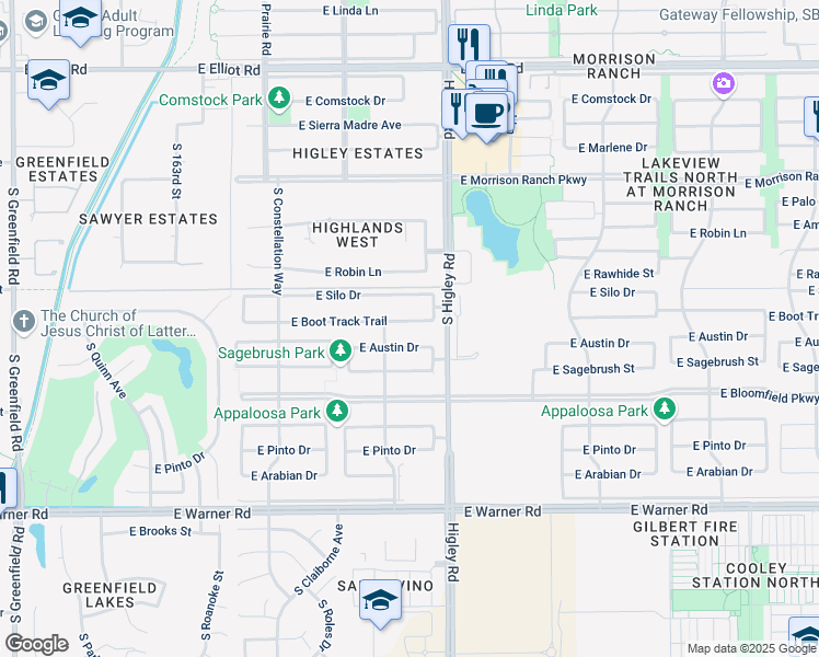 map of restaurants, bars, coffee shops, grocery stores, and more near 3465 East Boot Track Trail in Gilbert