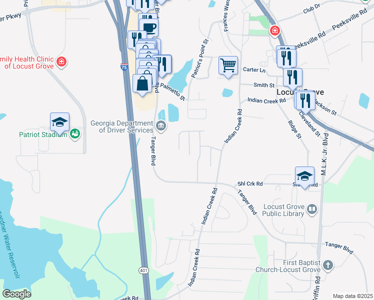 map of restaurants, bars, coffee shops, grocery stores, and more near 427 Buckboard Lane in Locust Grove