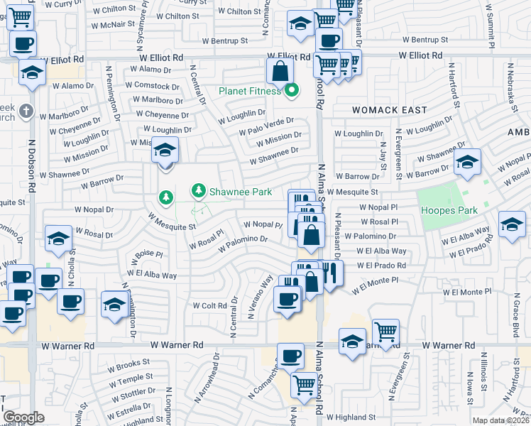 map of restaurants, bars, coffee shops, grocery stores, and more near 1201 West Mesquite Street in Chandler